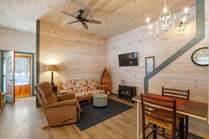 Smart TV, fireplace, books