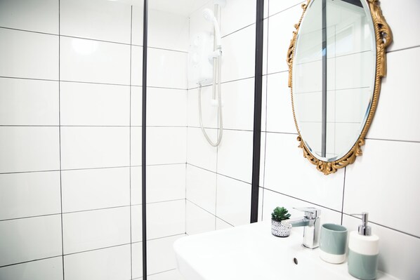 Shower, towels, toilet paper