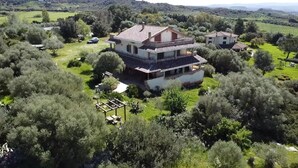A large, two-story house with a balcony, surrounded by lush greenery and trees. - Sardinia Re - Country Villa Pala Venalza Loft (Olmedo)