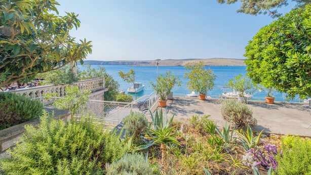 Una terraza costera con plantas en macetas, vista al mar y barandilla de piedra.