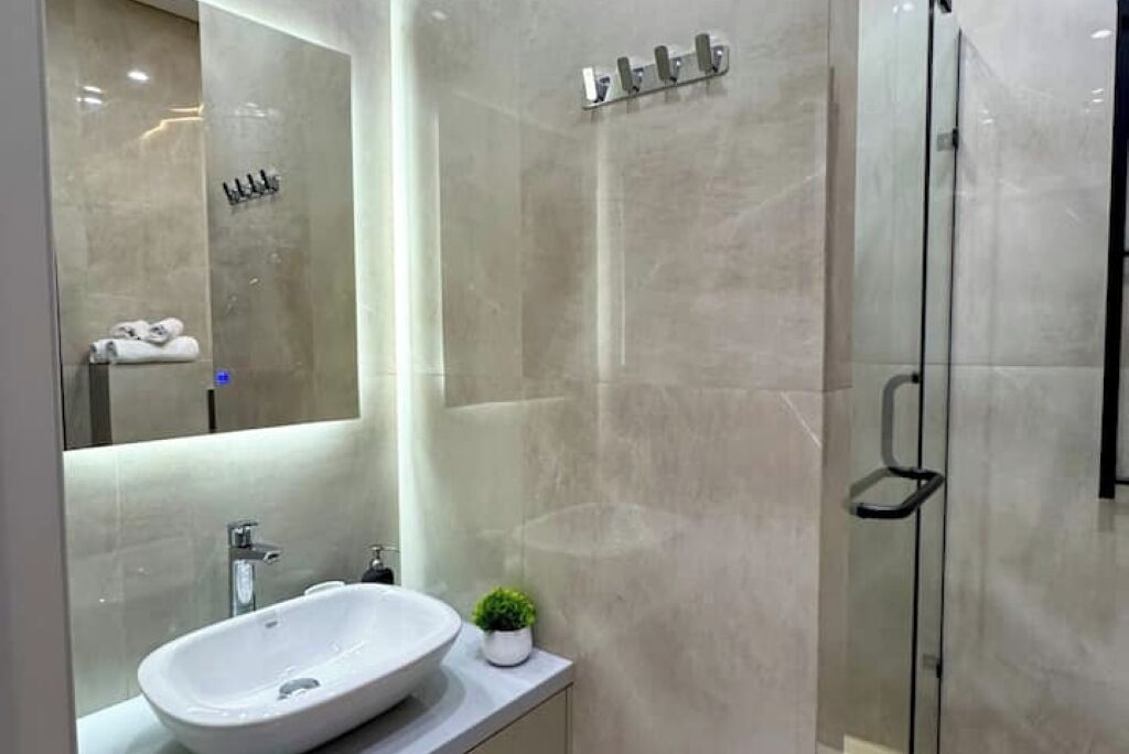 Shower, hair dryer, bidet, towels