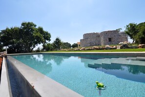 Uma piscina com água azul cristalina, um boi de pelúcia em formato de sapo e um edifício de pedra ao fundo.