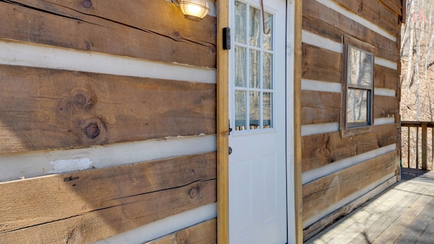 Una cabaña de madera con puerta blanca, una ventana pequeña y un porche.
