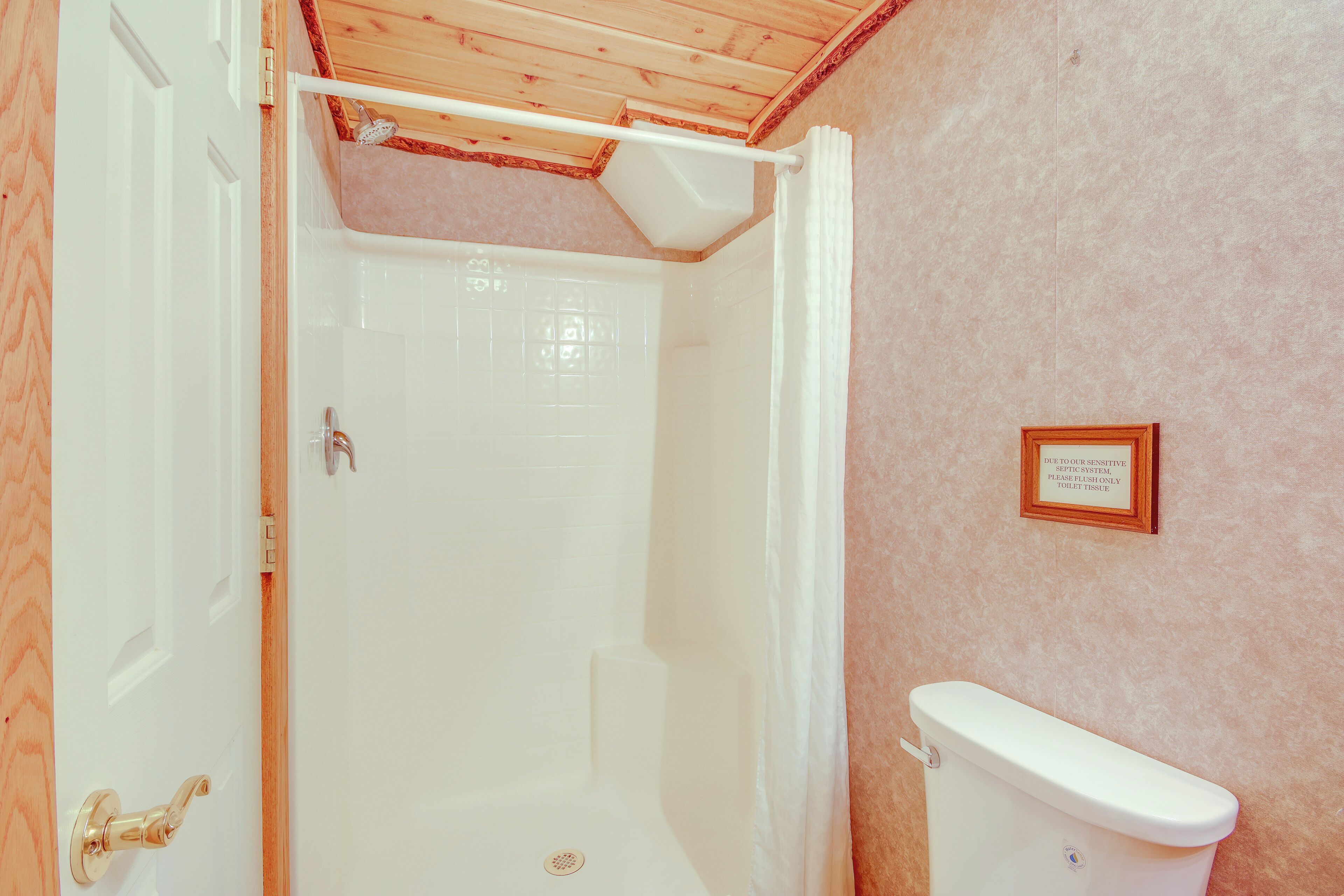 A bathroom with a shower, toilet, and a door with a brass handle.