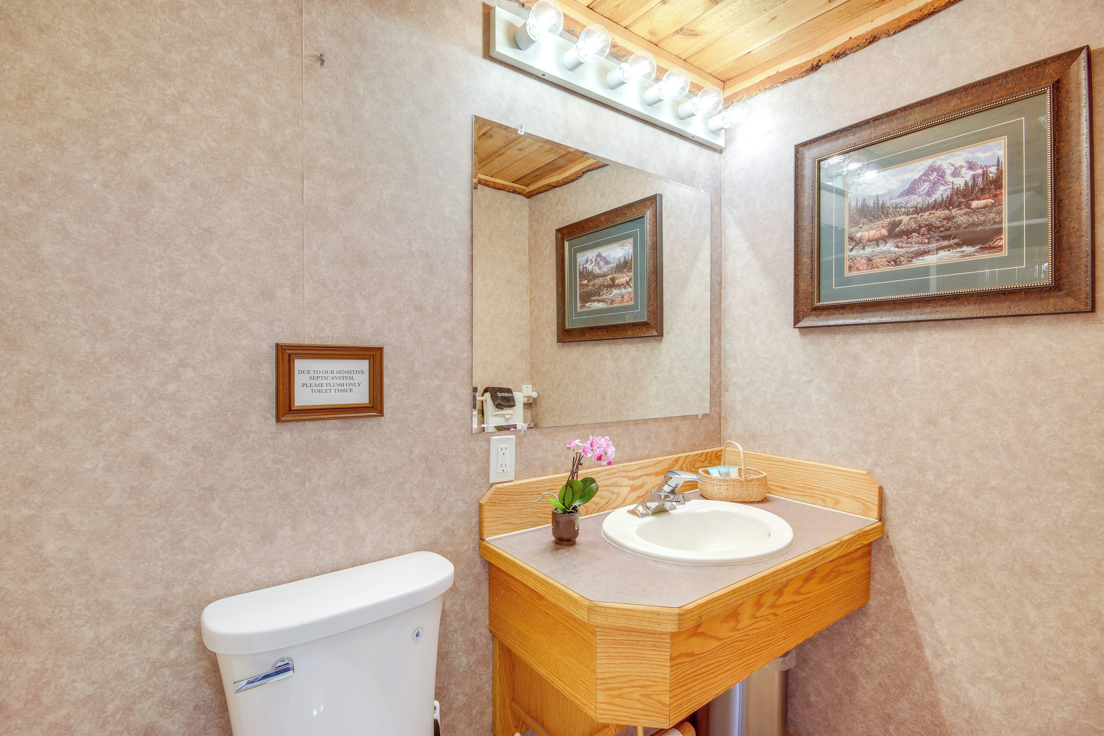 Une salle de bain avec un meuble-lavabo en bois, un évier, des toilettes et des tableaux encadrés au mur.