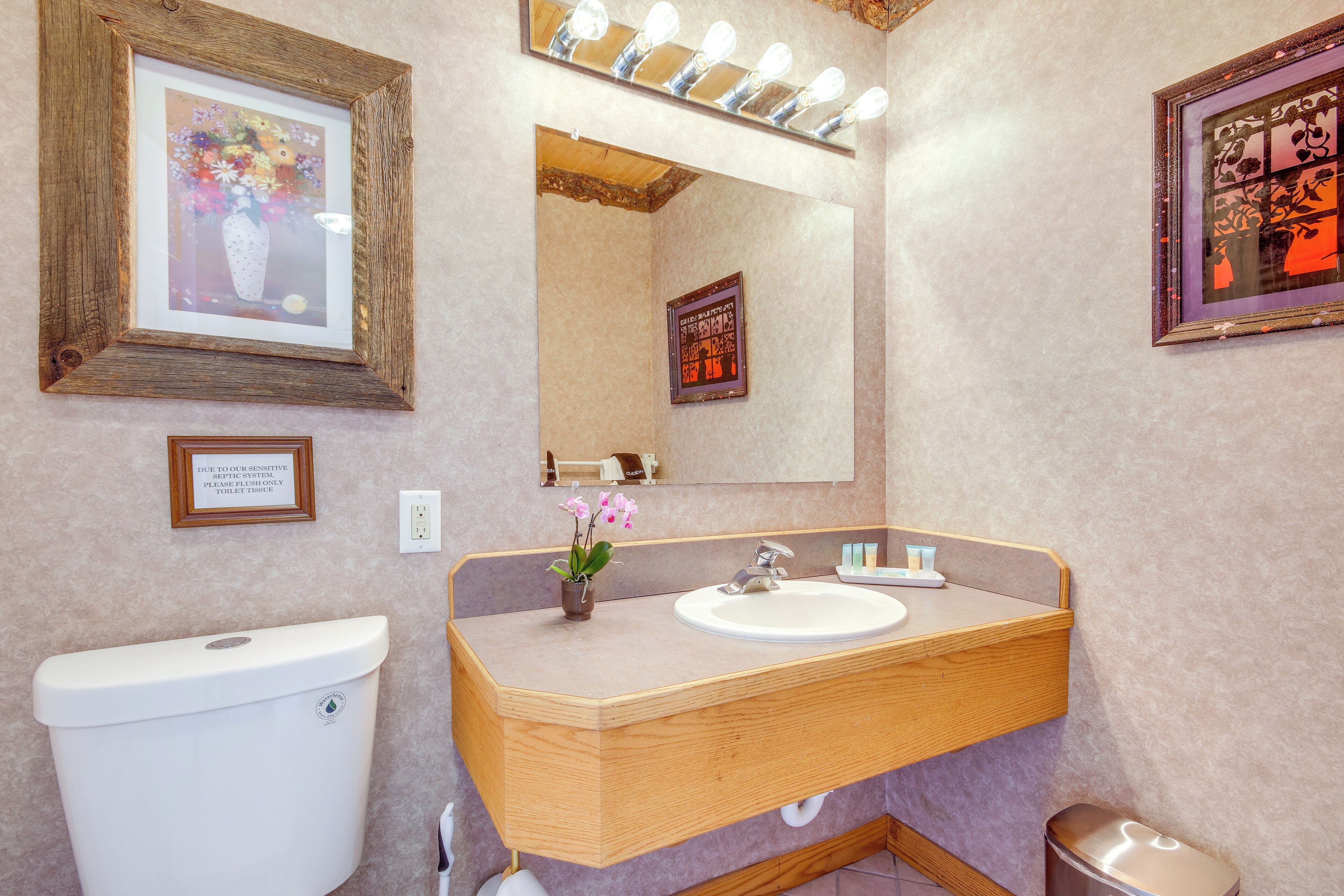 A bathroom with a wooden vanity, a sink, a mirror, and a toilet. There are framed pictures on the walls and a small potted plant on the vanity.