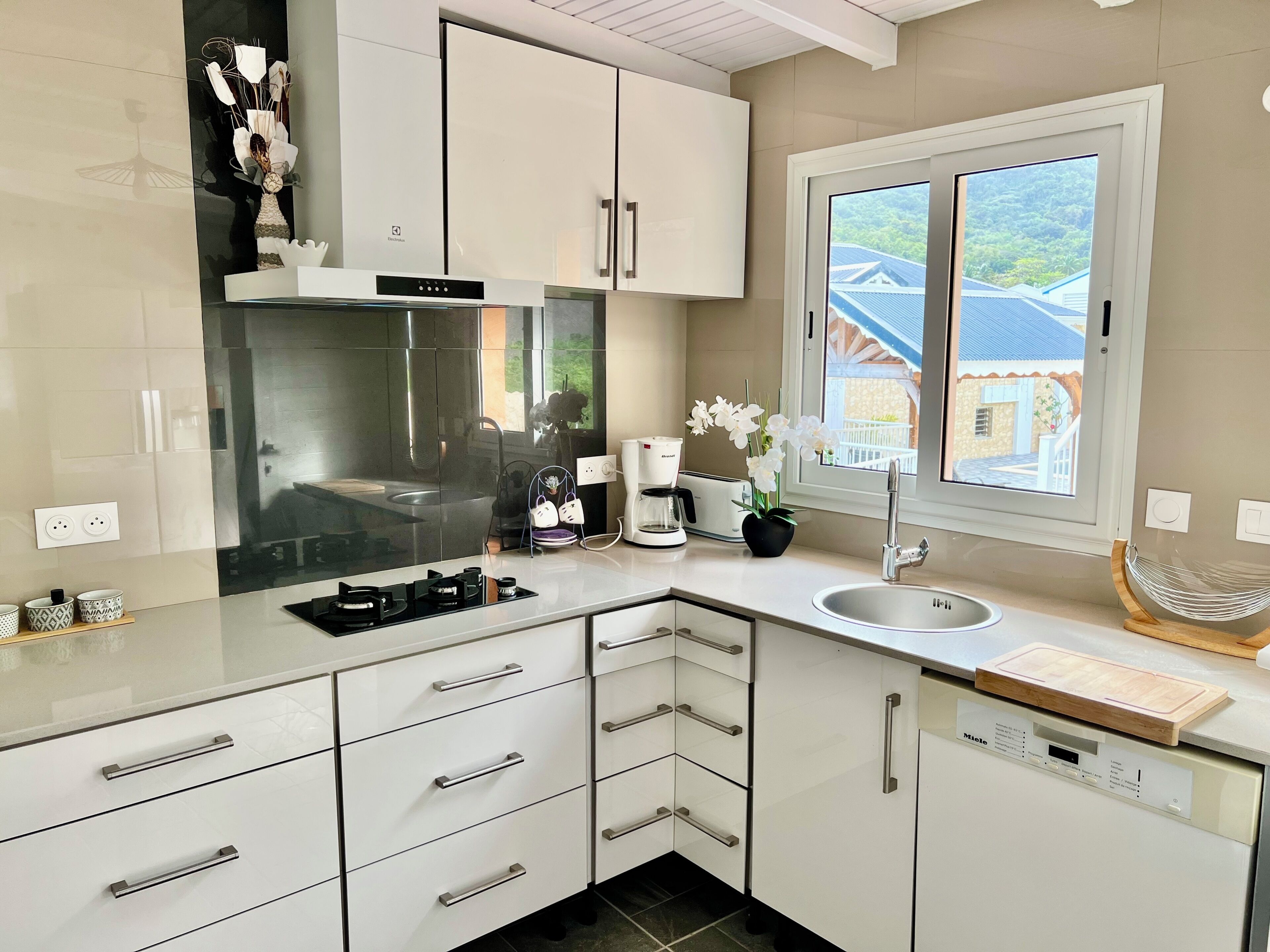 Coffee/tea maker, fridge, microwave, oven