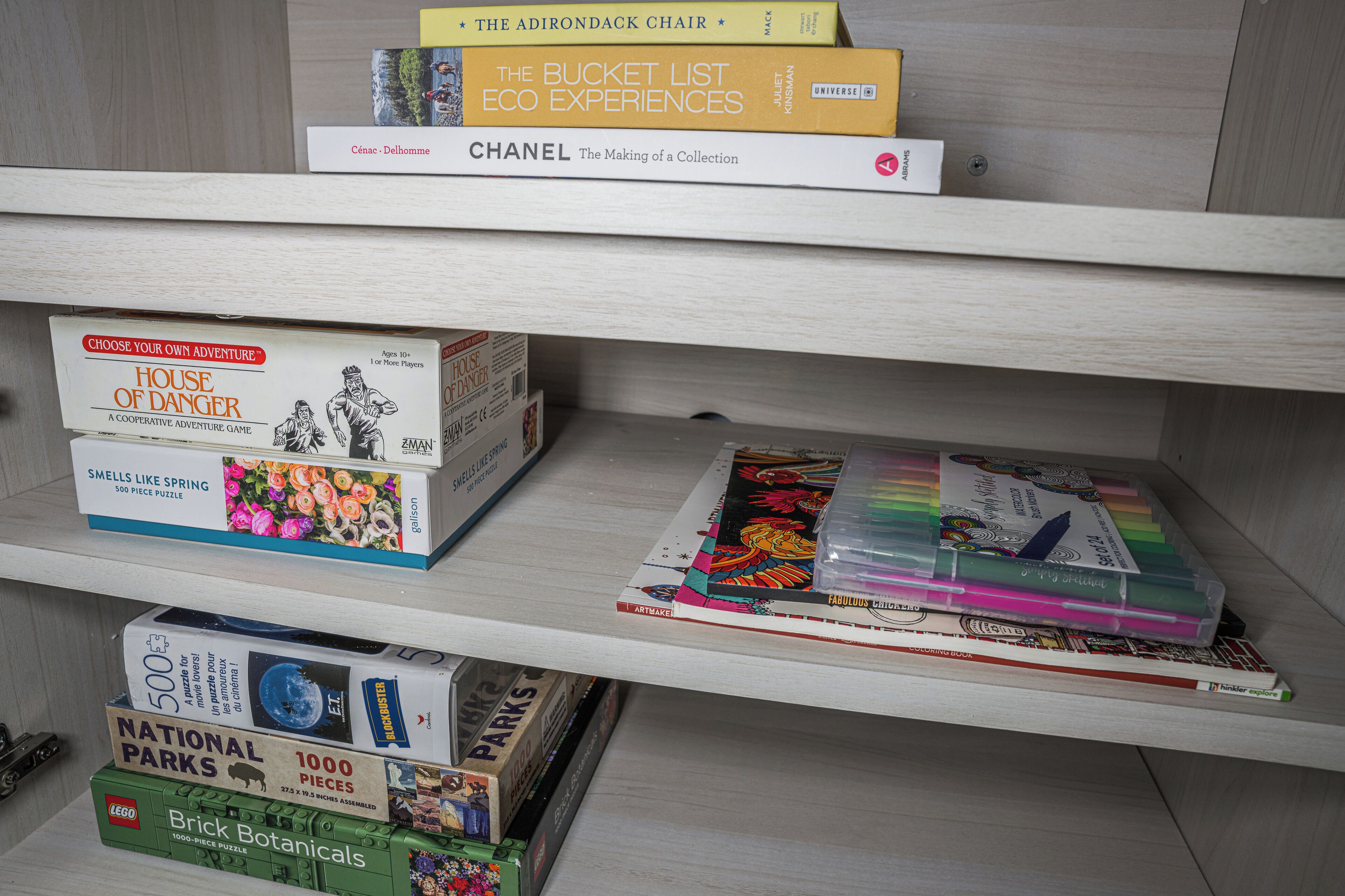 Uma estante com vários livros e jogos de lógica.