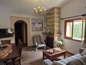 Televisio, takka, pöytätennispöytä