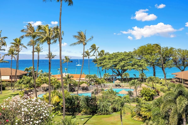 A resort with a pool, palm trees, and a view of the ocean.