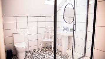 Shower, towels, toilet paper
