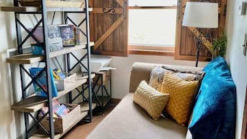 Smart TV, fireplace, video games, DVD player
