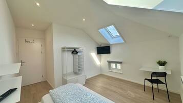 Ein modernes Schlafzimmer mit Dachfenster, einem Kleiderschrank, einem Fernseher, einem kleinen Fenster und einem Sessel.
