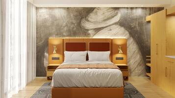 Un dormitorio moderno con una cama grande, cabecera de madera, mesitas de noche y una alfombra estampada.
