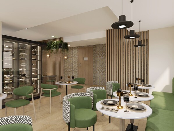 A modern dining area with green upholstered chairs, round tables, and pendant lighting. - Mpilo Boutique Hotel (Maseru)