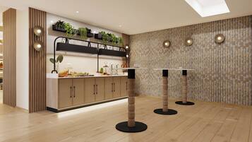 A modern kitchen with a built-in island, wooden cabinets, and a decorative backsplash.