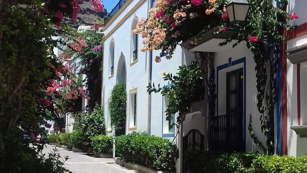 Una calle estrecha flanqueada por edificios, algunos con balcones y macetas con flores.