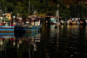 Un puerto con barcos amarrados, un puente y una ladera boscosa al fondo.