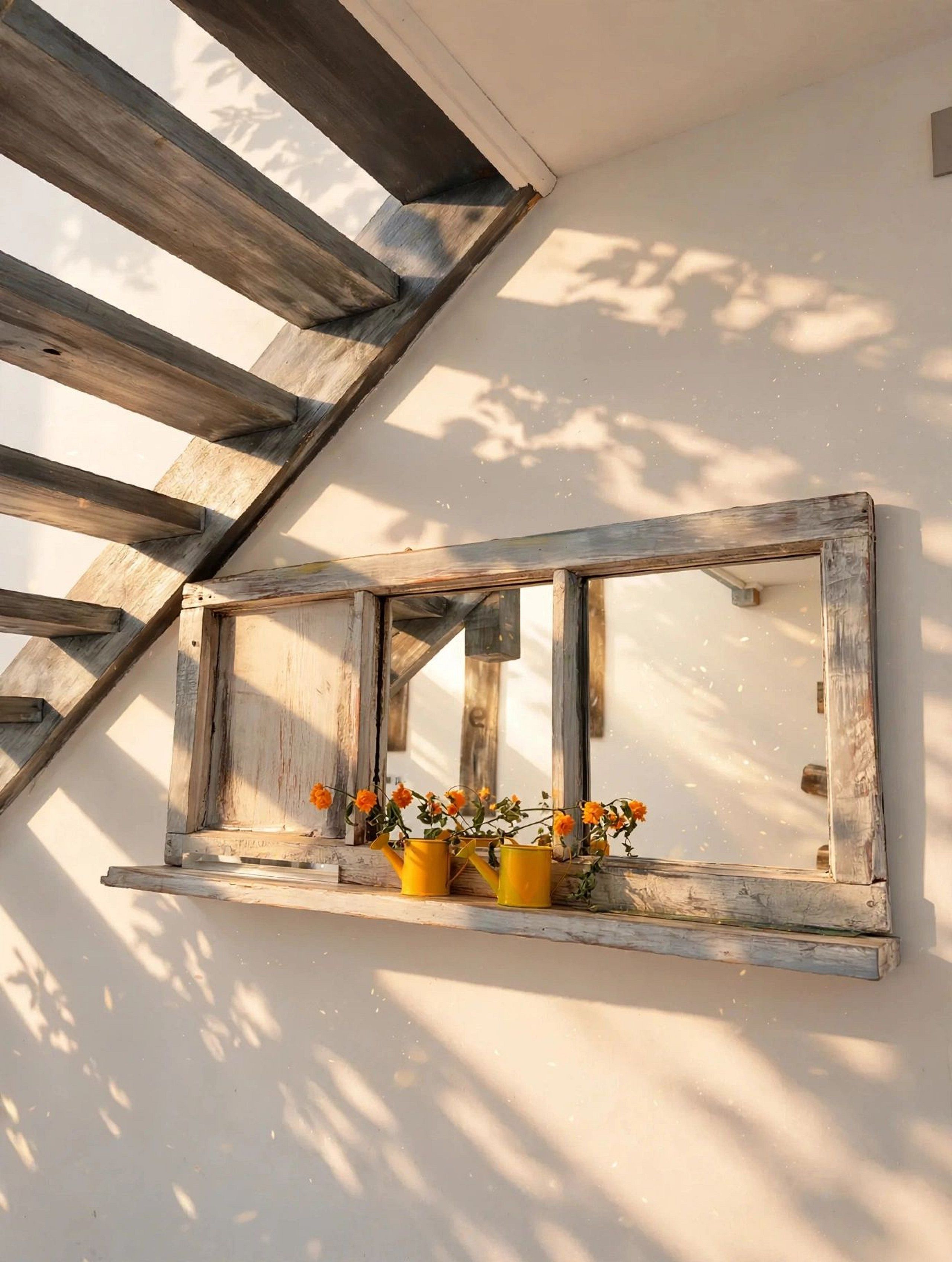 A rustic wooden window with a shelf holding yellow pots with flowers, set against a white wall with a wooden beam structure above.