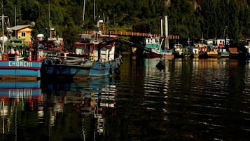 Ein Hafen mit vertäuten Booten, einer Brücke und einer bewaldeten Hügelkette im Hintergrund.