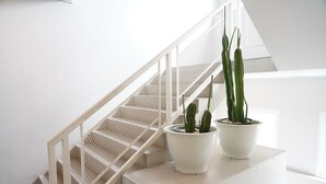A staircase with a white railing and two potted cacti on a white platform. - Matini Premium Hotel (Thanyaburi)