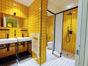 Shower, hair dryer, soap, shampoo