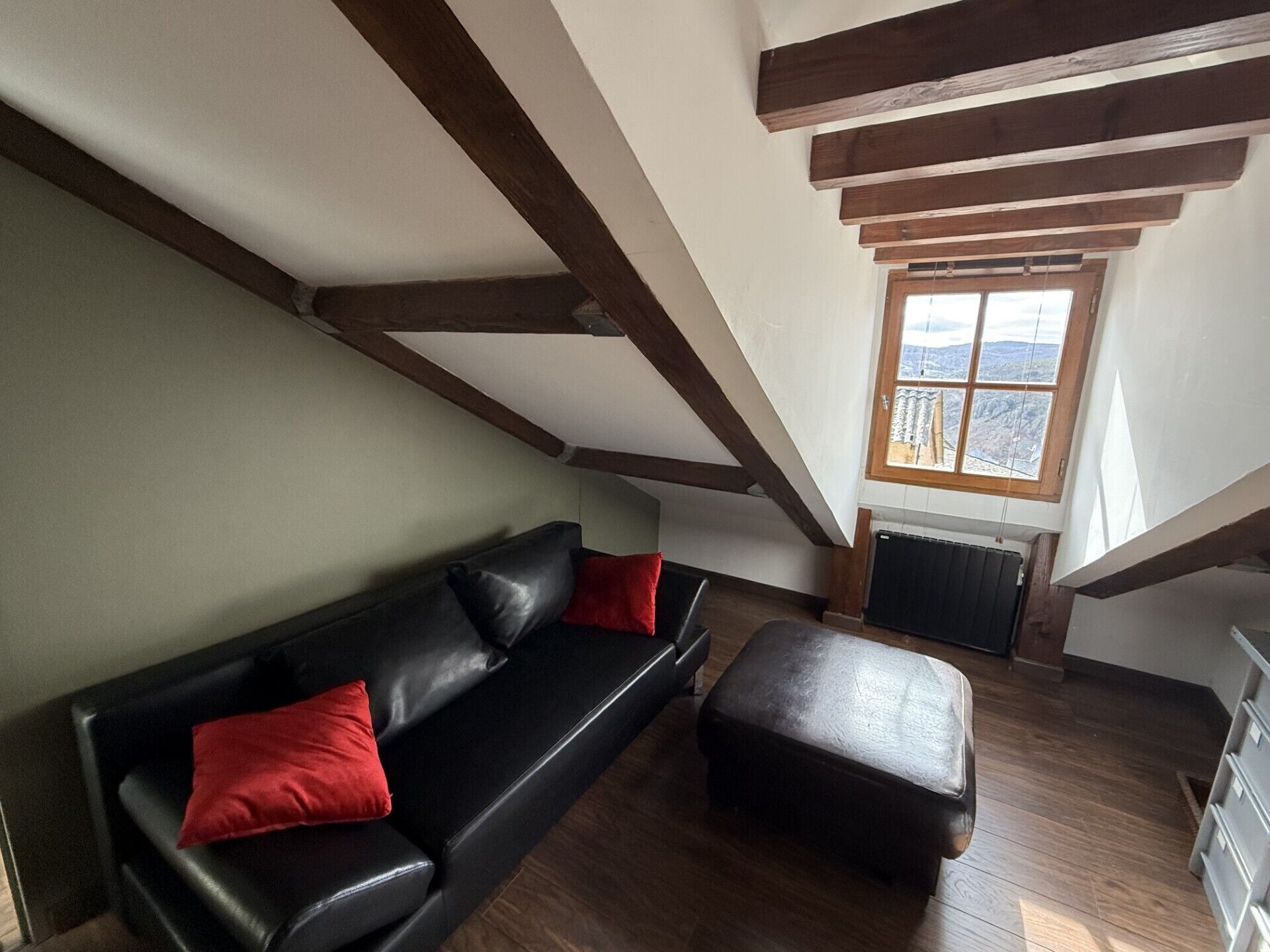 Une pièce de style loft avec un canapé en cuir noir, des coussins rouges et un plancher en bois. Une fenêtre offre une vue sur l’extérieur.