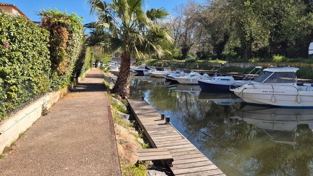 Un port de plaisance où des bateaux sont amarrés le long d’une jetée en bois, entouré de verdure et d’arbres.