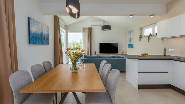 A modern living space with a dining area, a sofa, a TV, and a kitchen.
