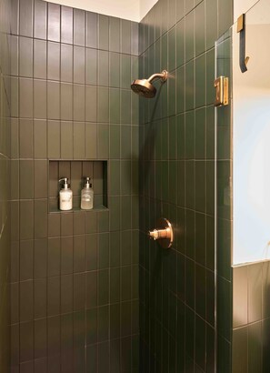 Shower, eco-friendly toiletries, hair dryer, towels