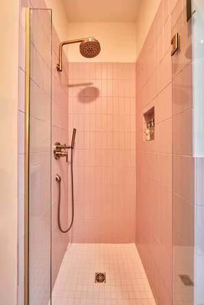 Shower, eco-friendly toiletries, hair dryer, towels