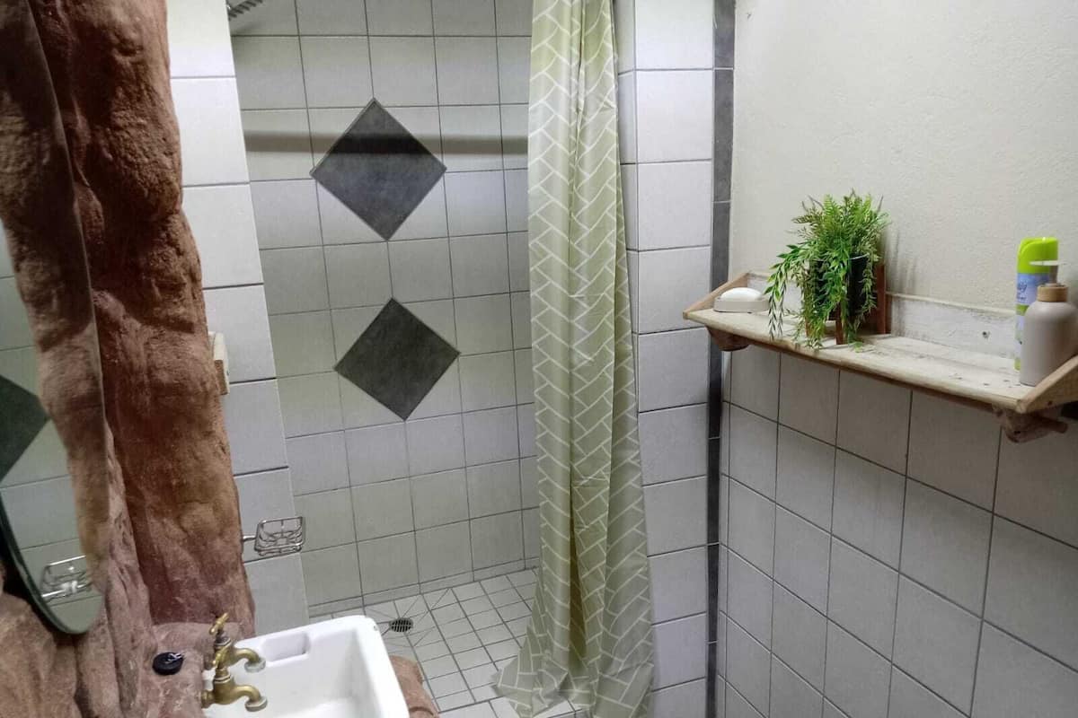 A bathroom with a white sink, a shower with a patterned curtain, and a shelf with toiletries.