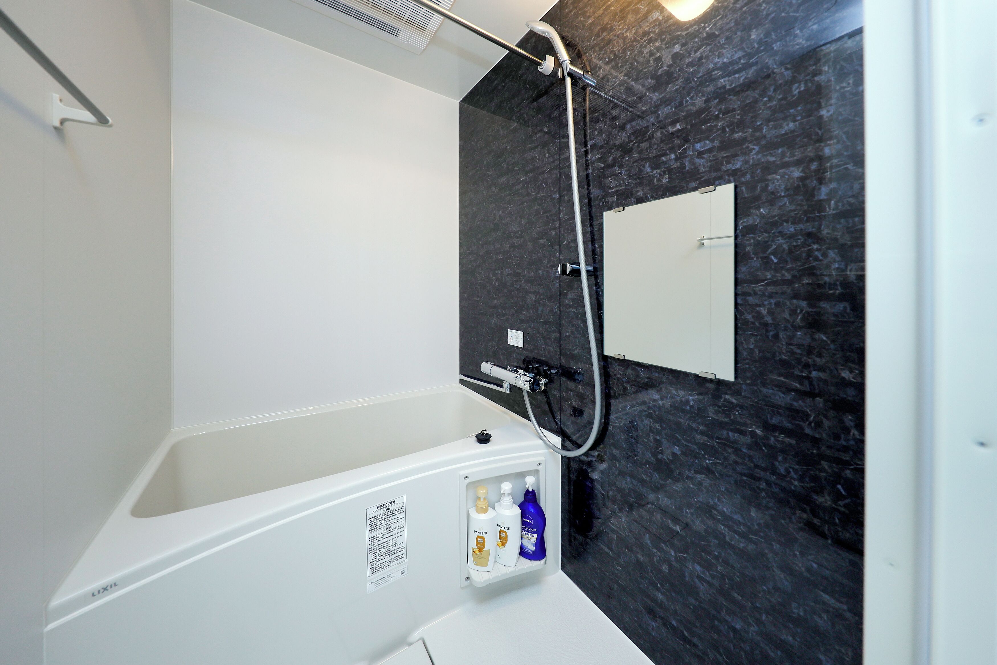 A modern bathroom with a white bathtub, a shower with a handheld showerhead, and a black marble wall.