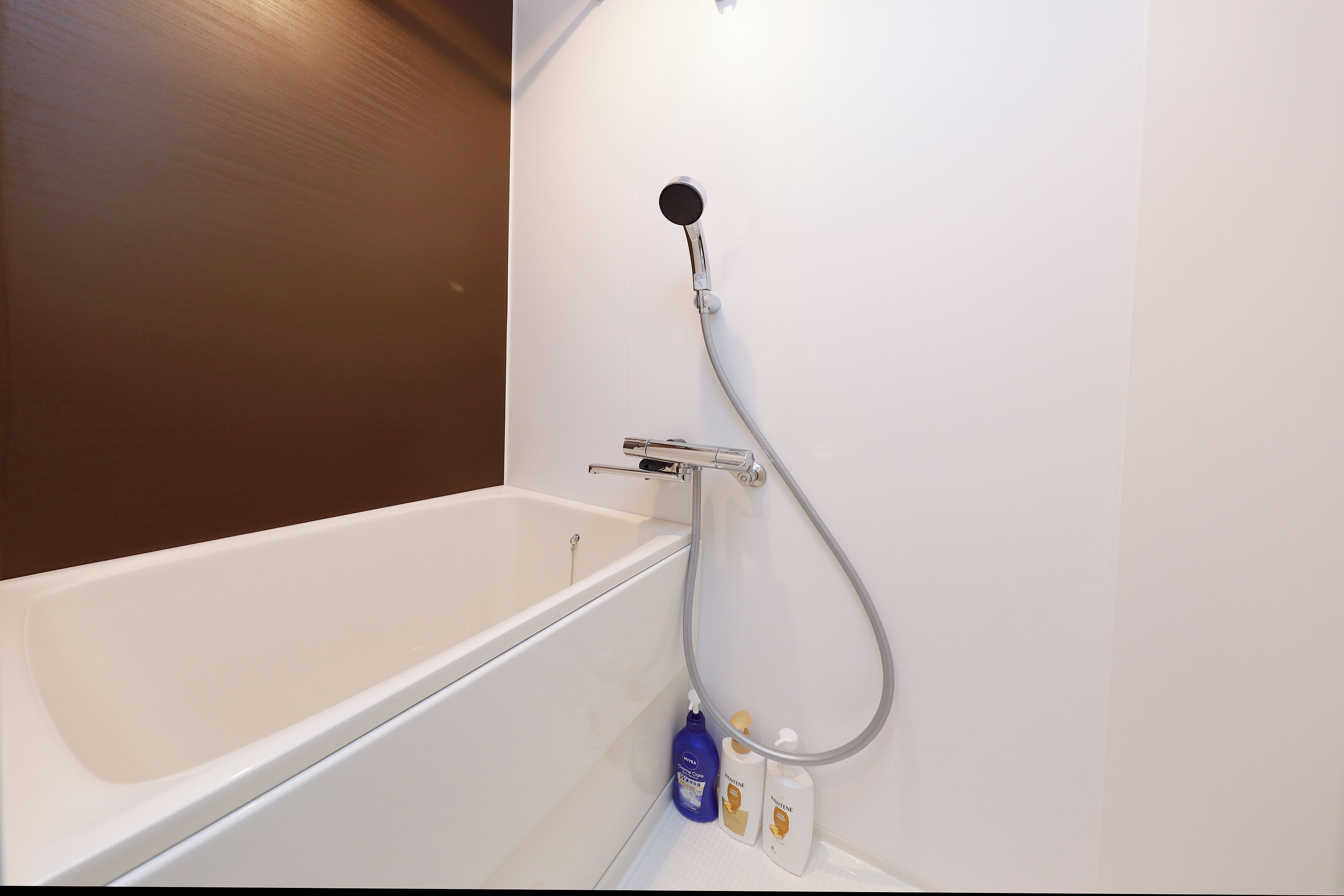 Une baignoire blanche avec un pommeau de douche et deux bouteilles de shampoing posées sur le sol.
