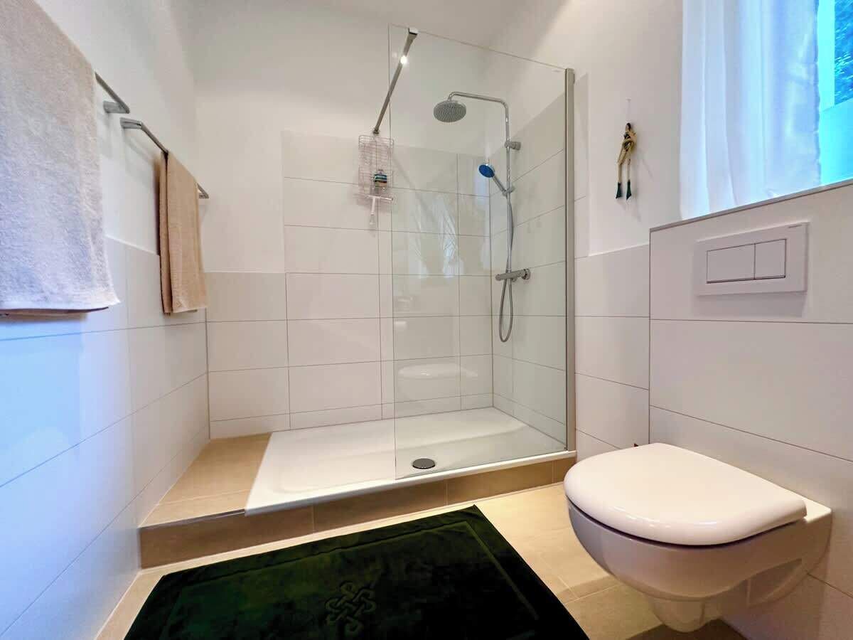 A modern bathroom with a glass shower enclosure, a white toilet, and a small rug on the floor.