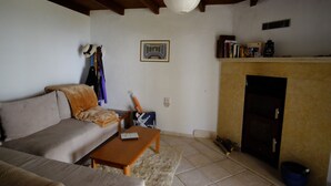 A living room with a sofa, a coffee table, a fireplace, and a hanging lamp.