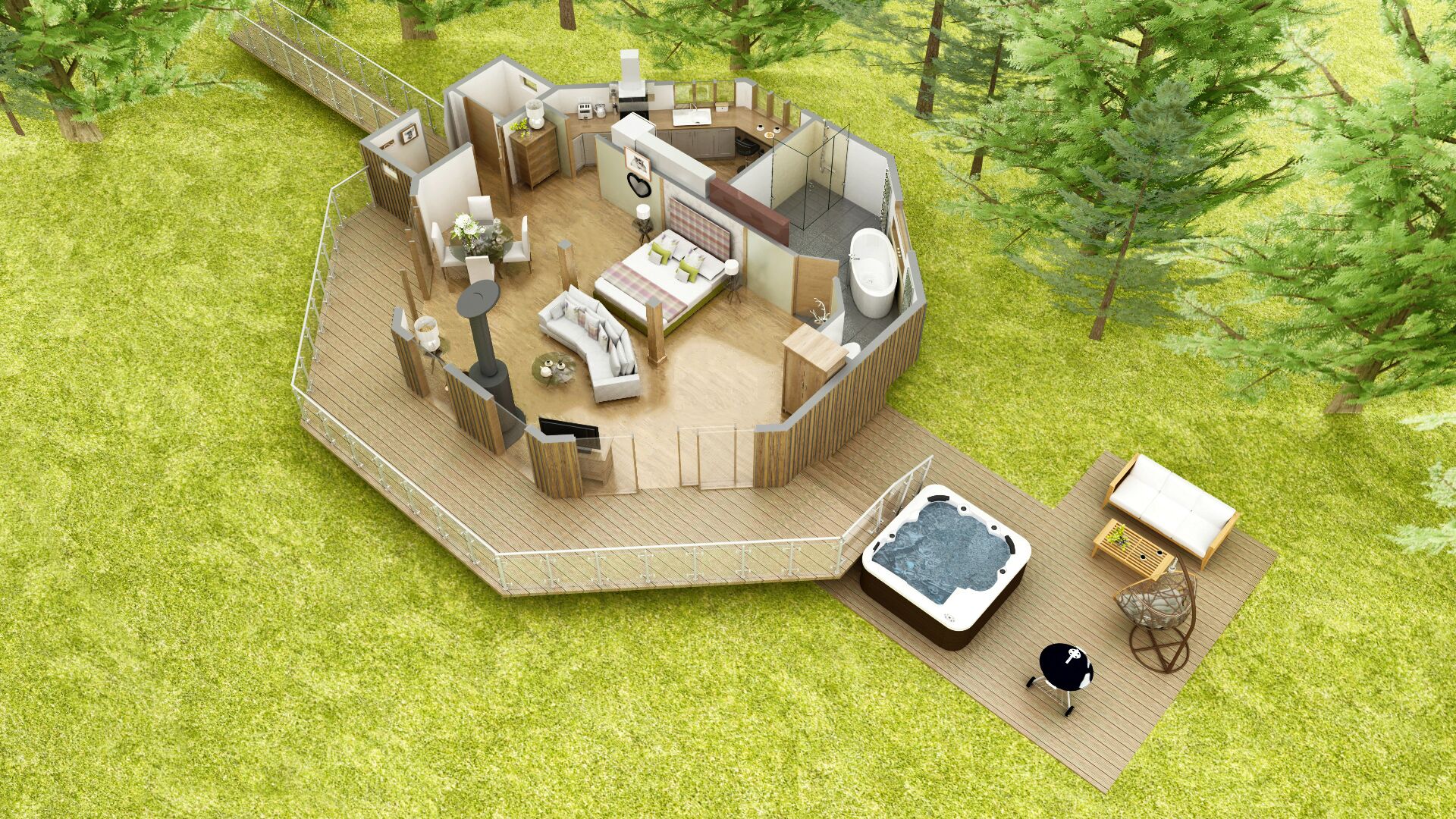 A circular outdoor living space with a hot tub, seating area, and a small kitchen.