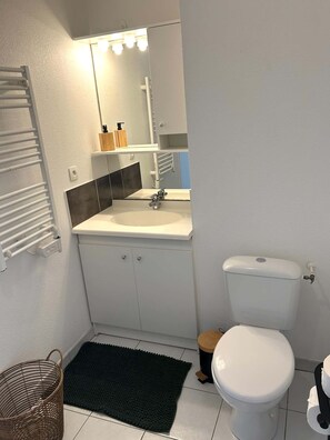 A bathroom with a white sink, a mirror above it, a toilet, and a black mat on the floor.