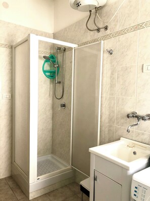 Shower, hair dryer, bidet, towels