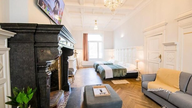 A hotel room with a fireplace, a sofa, a bed, and a television. - Smart Appart Gare Du Midi (Brussels)