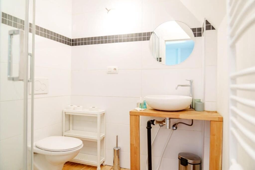 Une salle de bain avec des toilettes blanches, un lavabo sur un meuble-lavabo en bois et un miroir au-dessus du lavabo.