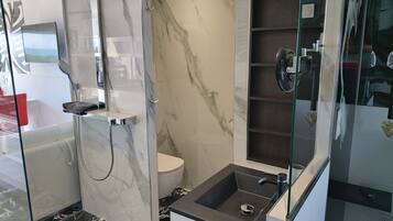 Shower, hair dryer, towels