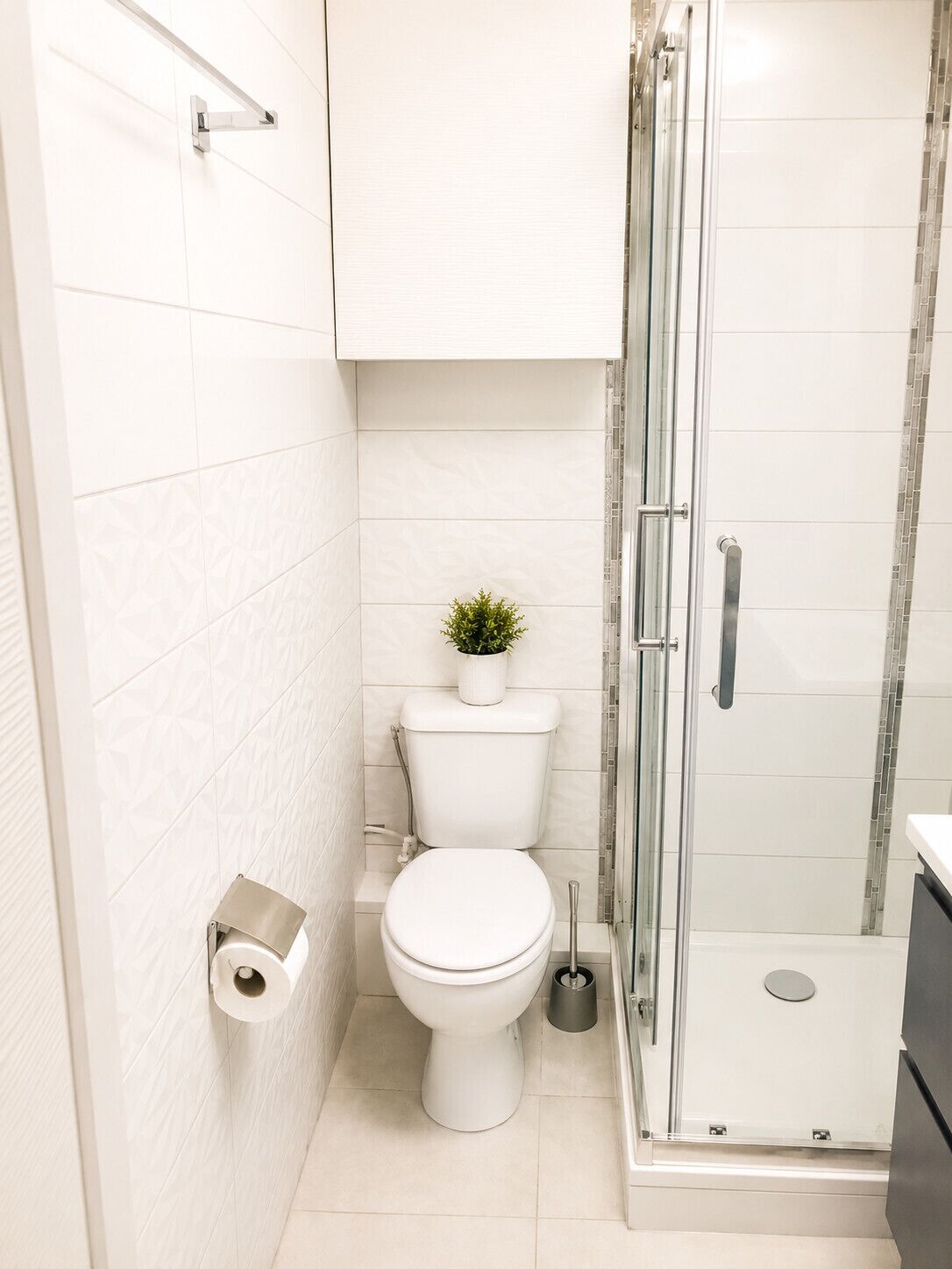 Une salle de bain moderne équipée de toilettes, d’une douche et d’un porte-rouleau de papier toilette.