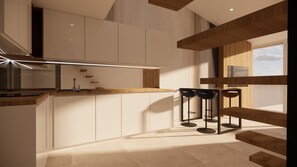 Een koelkast, een magnetron, een kookplaat, een vaatwasser