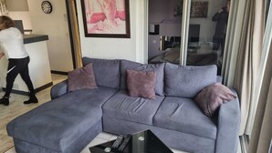 A grey sectional sofa with three cushions, a glass coffee table, and a wall clock. - Naturiste Cap d'Agde Port Nature 544 (Agde)