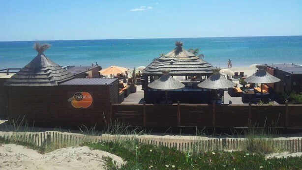Un resort frente a la playa con cabañas de techo de paja y zonas de estar al aire libre con vista al océano.