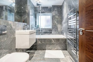 Hair dryer, towels, toilet paper