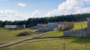 Une propriété rurale dotée de constructions en bois, d’un chemin de gravier et d  ’une zone délimitée par une clôture.