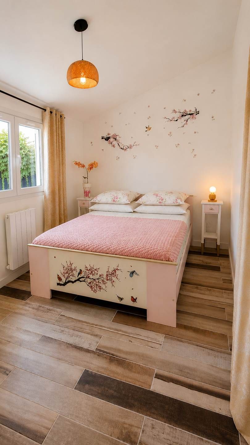 Un dormitorio con cama, mesita de noche, lámpara de pared y ventana con cortinas.