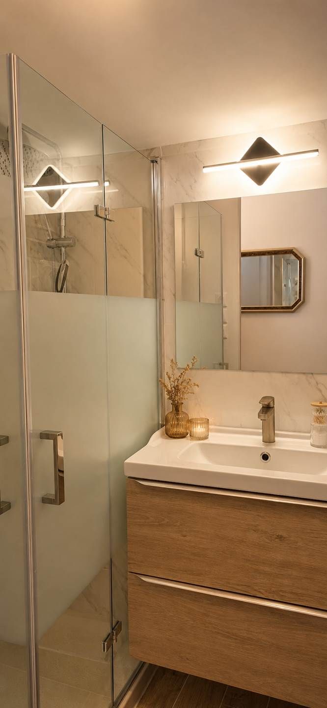 Et moderne badeværelse med et glas brusekabine, et trækommode med spejl og en vægmonteret lampe.